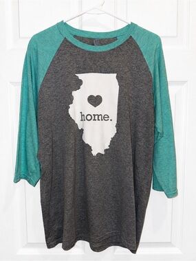 JERZEES Illinois Home Graphic Raglan Baseball Tee Gray Mint Green 3/4 Sleeve Lg